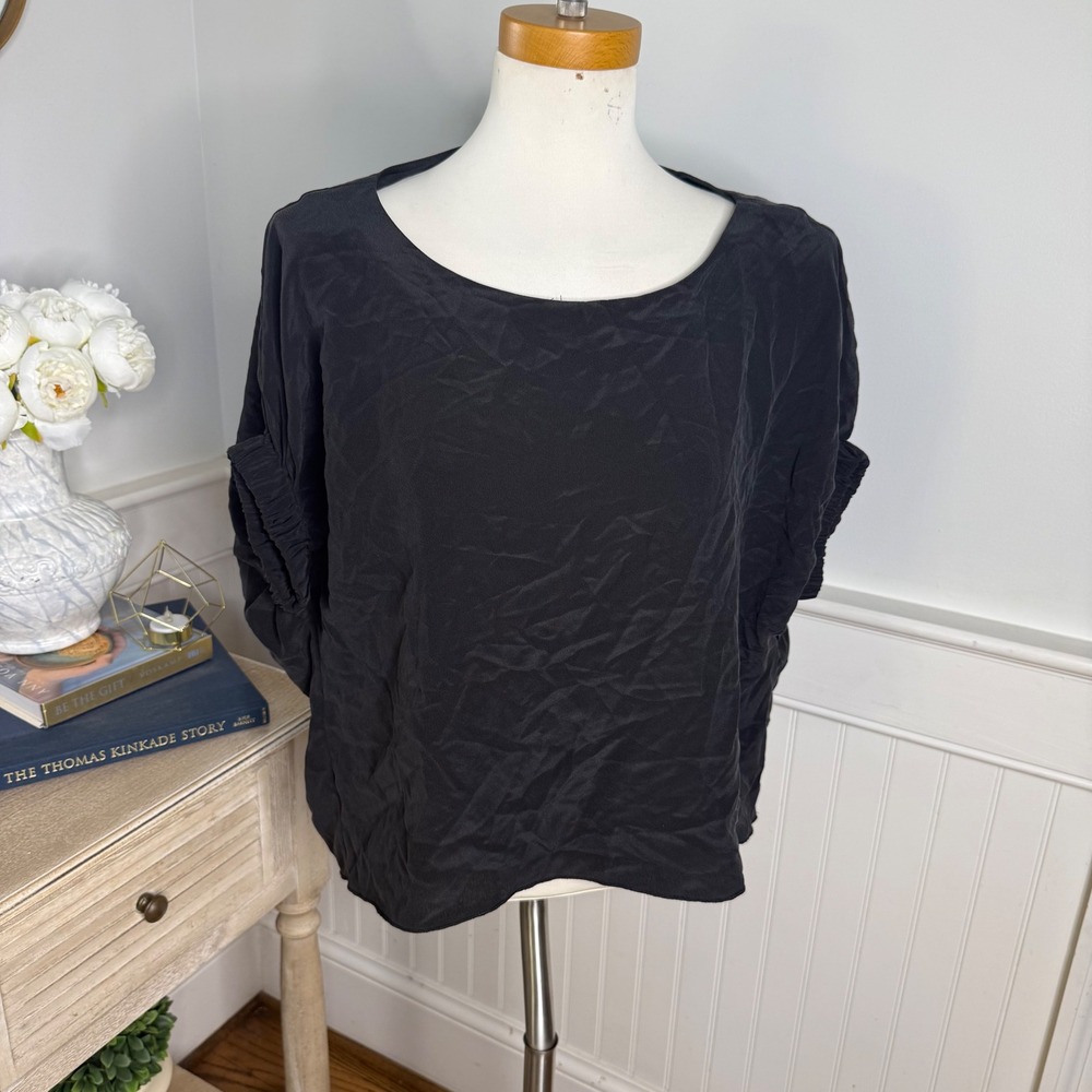 Shug Black 100% Silk Ruched Short Sleeve Scoop Neck Boxy Blouse Small